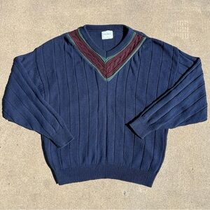 Men’s 90s Preppy Polo Rugby Navy Maroon Green V-Neck knit Ribbed Sweater